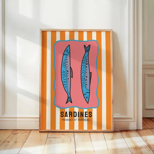 Retro Sardines Poster, Mediterranean Seafood Kitchen Art