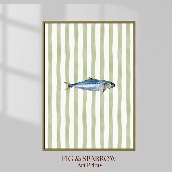 Watercolor Sardine Print, Vintage Coastal Kitchen Art