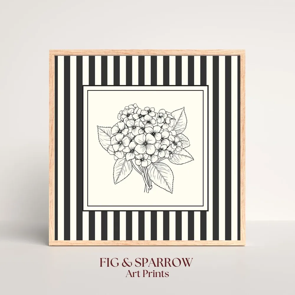 Hydrangea Line Art Print, Black And White Floral Sketch