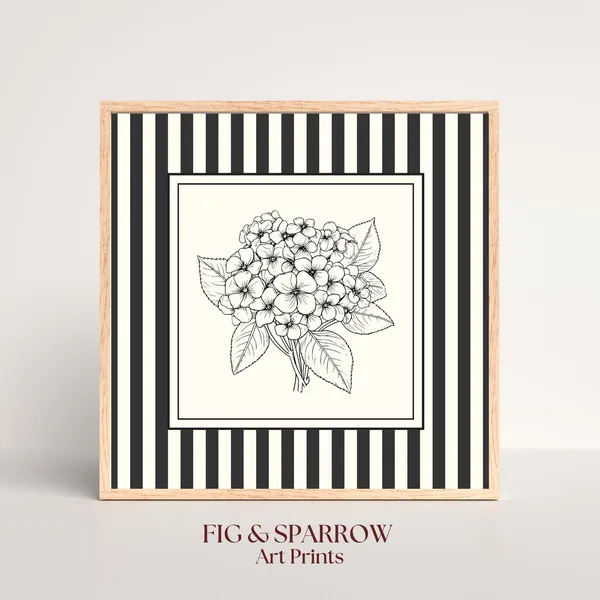 Hydrangea Line Art Print, Black And White Floral Sketch