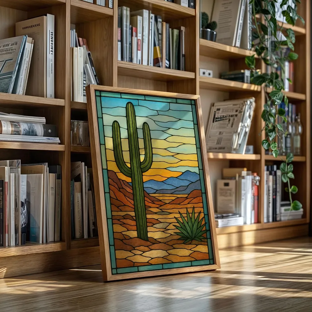 Desert Cactus Stained Glass Art Print, Southwestern Landscape