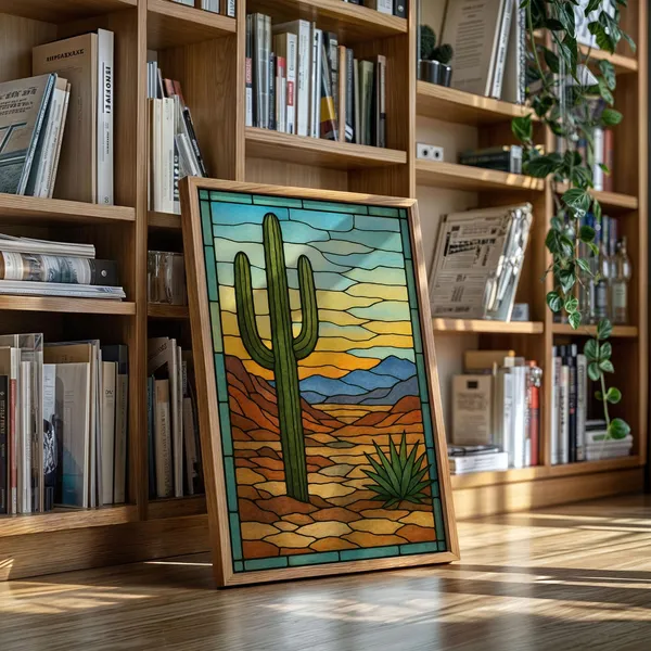 Desert Cactus Stained Glass Art Print, Southwestern Landscape