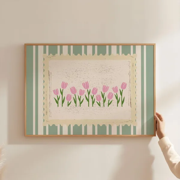 Green Pink Tulips Vintage Striped Flower Art Print