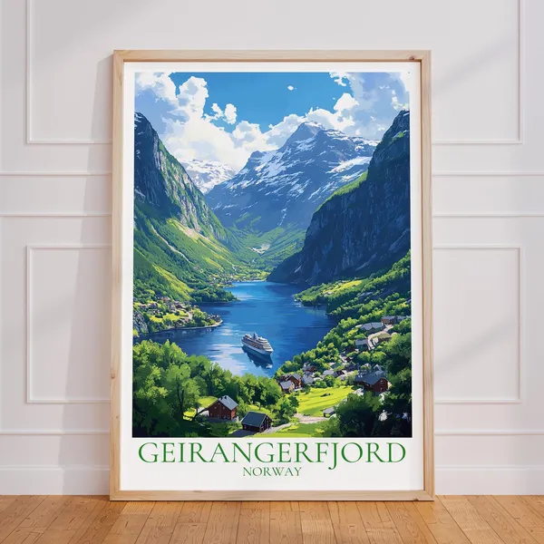 Geirangerfjord Vintage Travel Poster, Norway Print