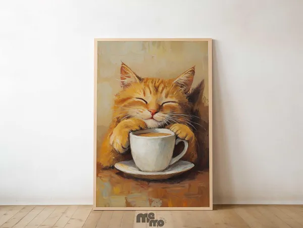 Orange Tabby Cat Coffee Art Print, Cozy Kitchen Decor