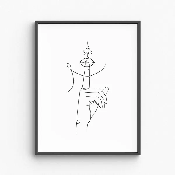 Minimalist Woman Shhh Line Art Poster, Black White