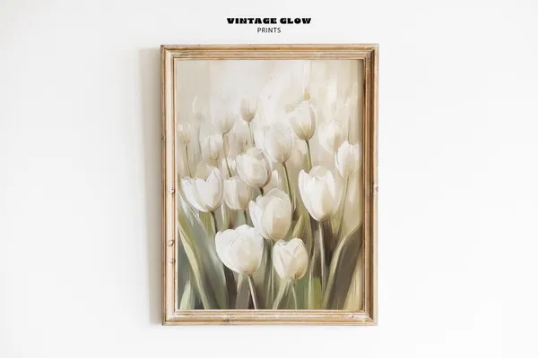 White Tulips Vintage Floral Art Print for Nursery