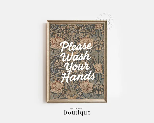 Please Wash Your Hands Sign, Floral Typography Art Print