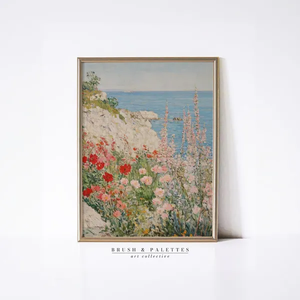 Ocean Cliffside Garden Painting, Vintage Floral Poster