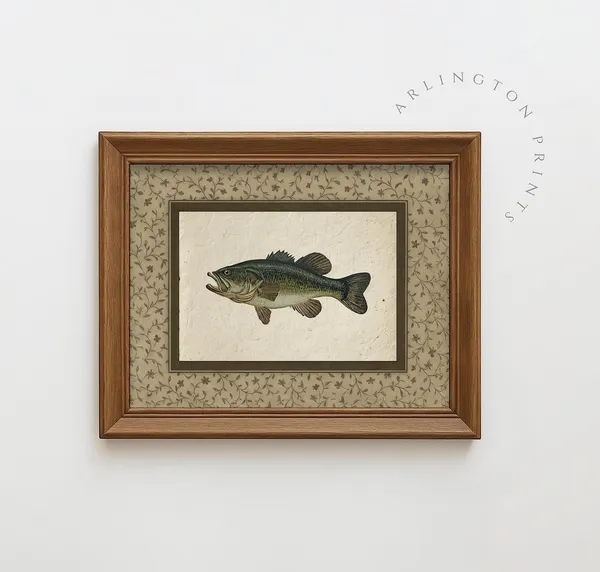 Vintage Bass Fish Art Print, Rustic Cabin Decor