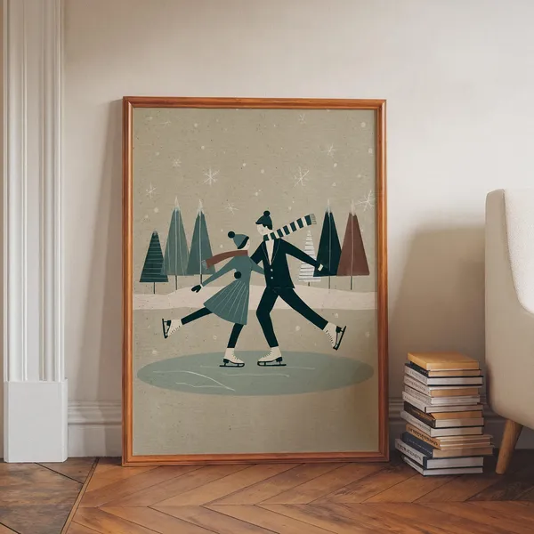 Winter Ice Skating Poster, Vintage Mid-Century Couple