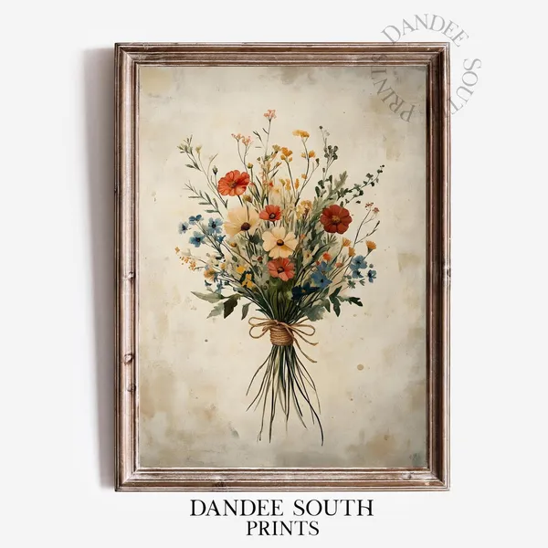 Fall Wildflowers Bouquet Vintage Floral Art Print