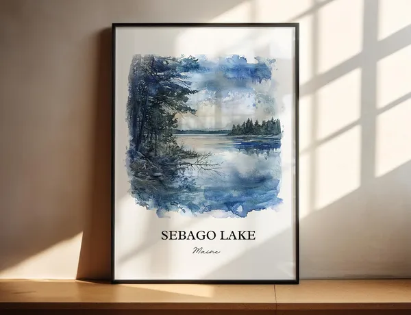 Sebago Lake Watercolor Travel Poster, Casco Maine