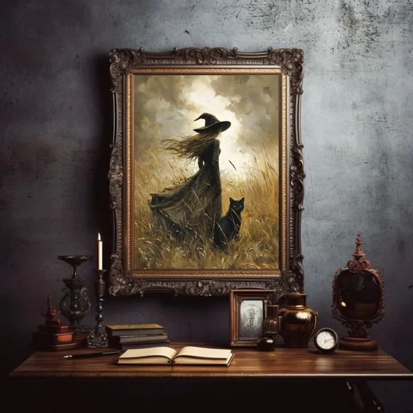 Witch and Black Cat in Field, Witchcore Art Print