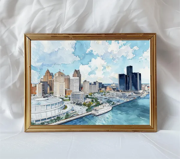 Detroit Skyline Watercolor Print, Riverfront Cityscape