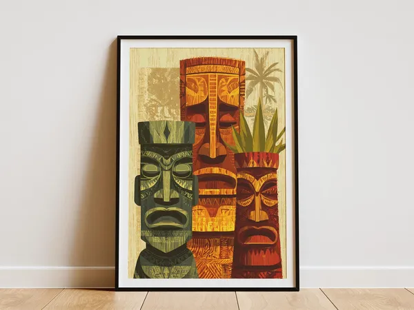 Tiki Gods Hawaiian Tribal Pattern Poster, Vintage