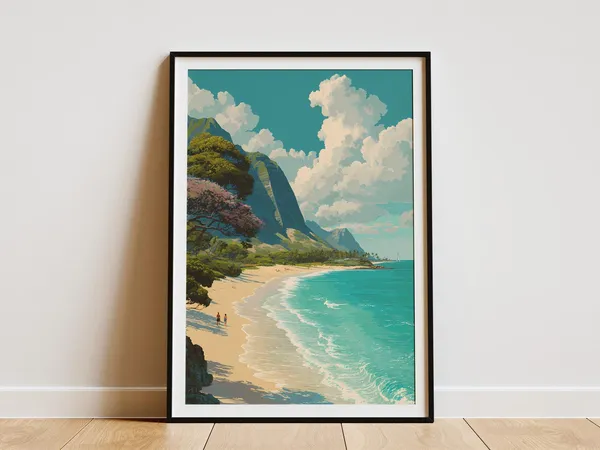 Waimanalo Beach Hawaii Travel Poster, Pastel Colors