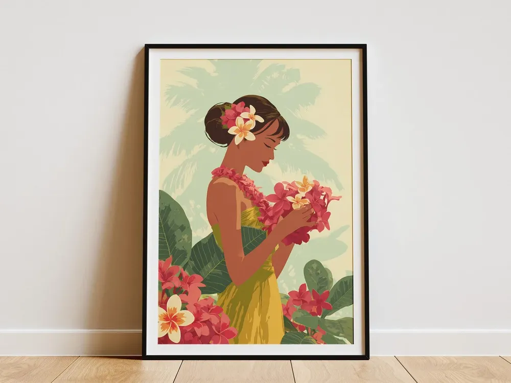 Woman Making Lei With Plumeria Flowers Art Print