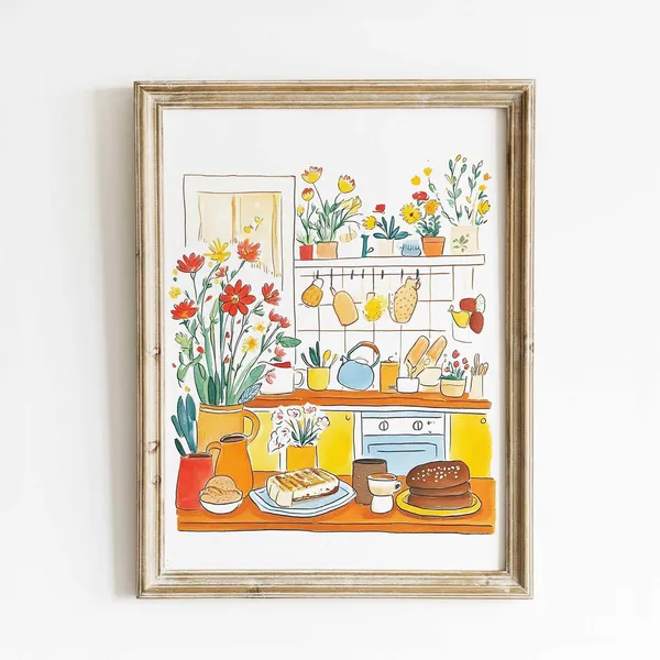 Cozy Kitchen Watercolor Floral Breakfast Scene Art Print