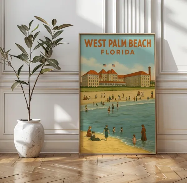 West Palm Beach Florida Vintage Travel Poster, Hotel Scene