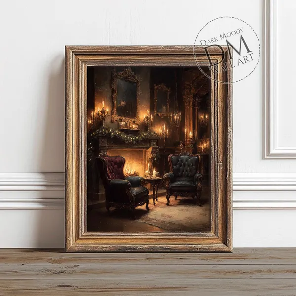 Victorian Fireplace Art Print, Cozy Christmas Decor