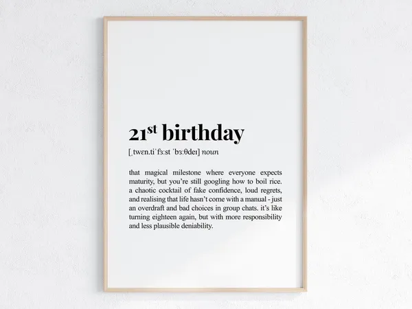 21st Birthday Definition Poster, Sarcastic Dictionary