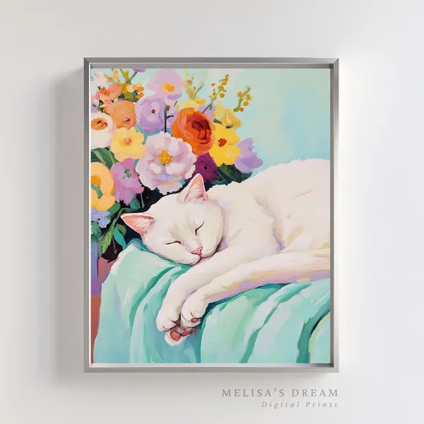 Sleeping White Cat Floral Pastel Art Print