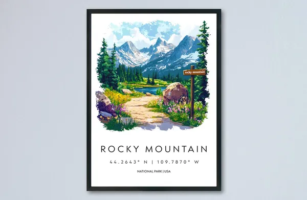 Rocky Mountain Watercolor Travel Poster, Landscape