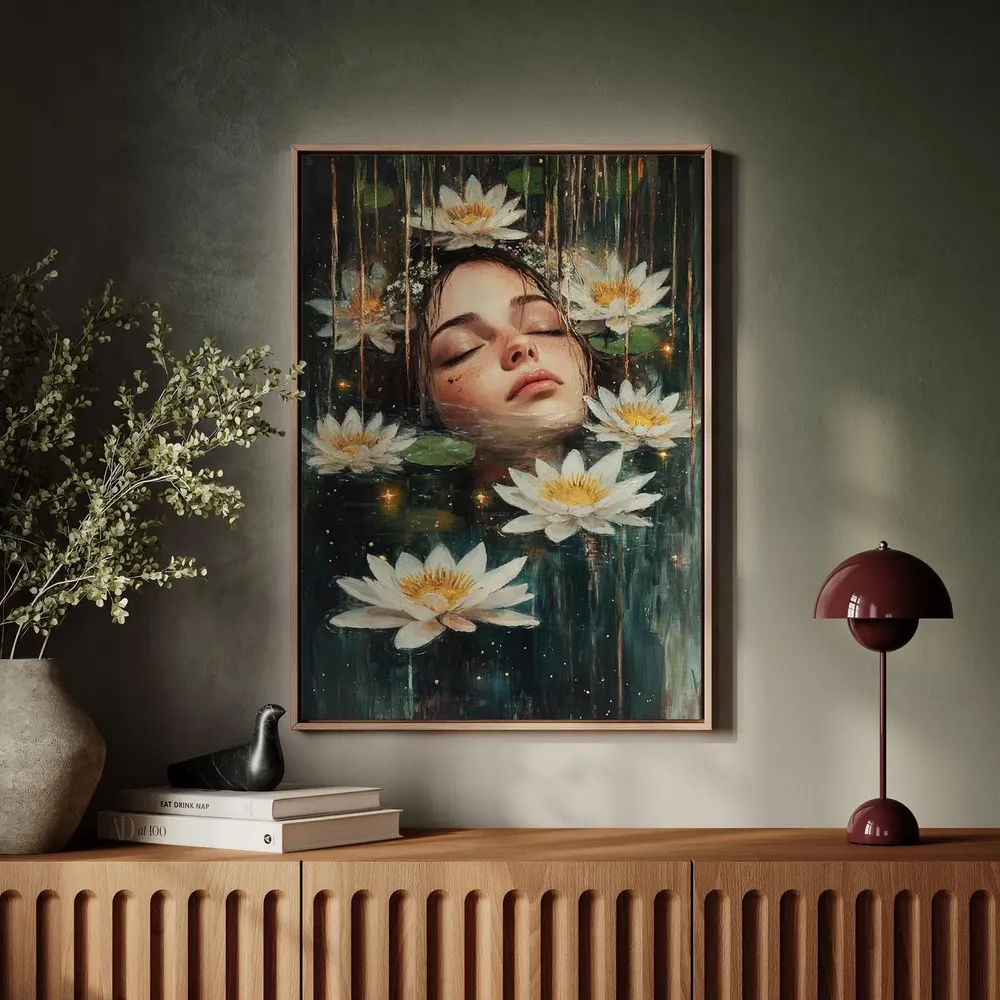 Dreamy Woman Floating in Water Lily Pond Art Print