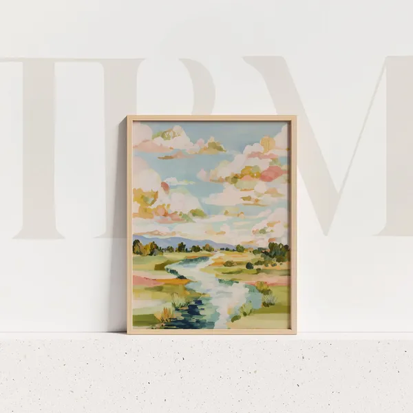 Pastel River Meadow Art Print, Dreamy Spring Landscape