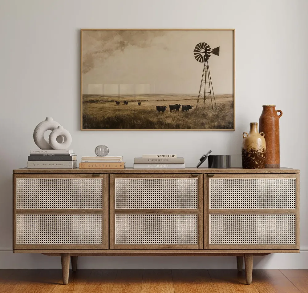 Western Prairie Cattle And Windmill Art Print
