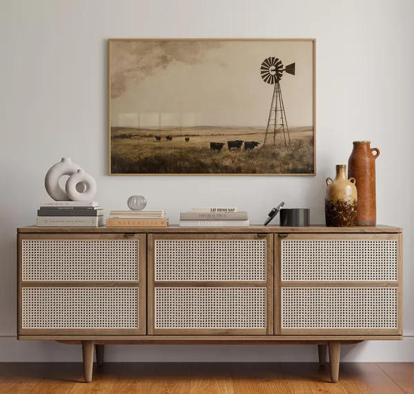 Western Prairie Cattle And Windmill Art Print