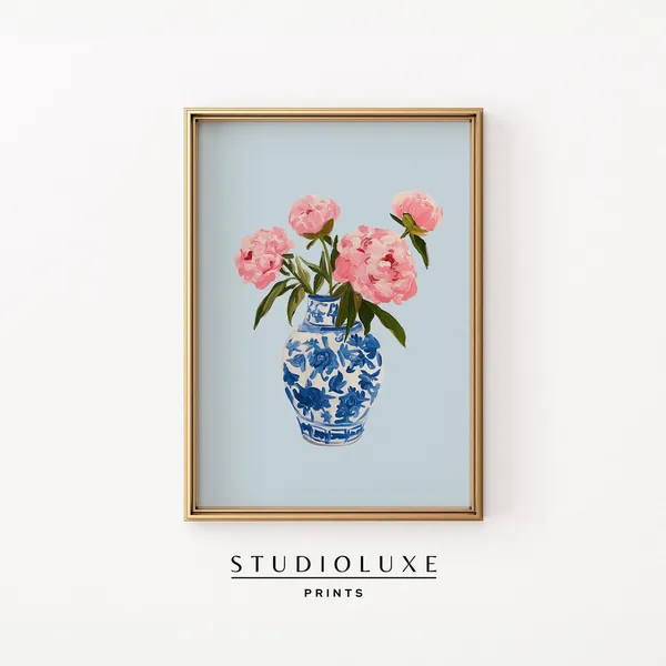 Peony in Blue Chinoiserie Vase, Coastal Art Print
