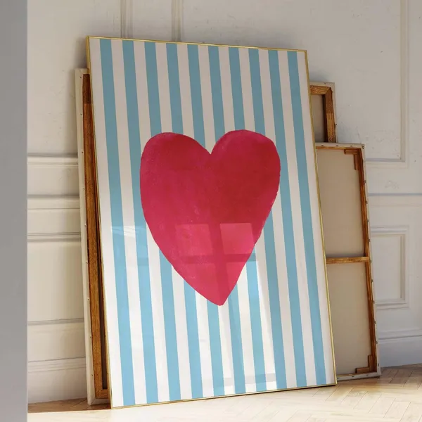 Red Heart Art Print, Modern Blue Stripe Poster