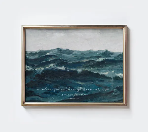 Isaiah 43:2 Scripture Art, Vintage Ocean Verse