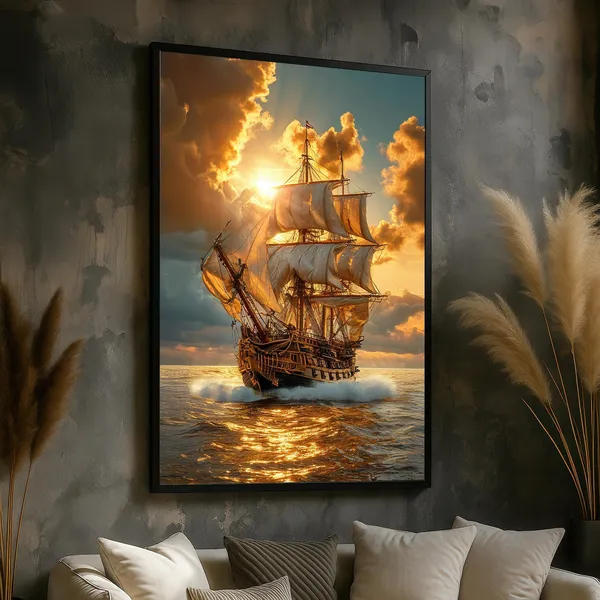Golden Sunset Tall Ship Vintage Sailing Art Print