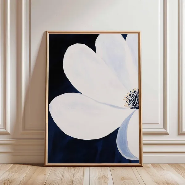 White Flower On Navy Background, Minimalist Floral Art Print