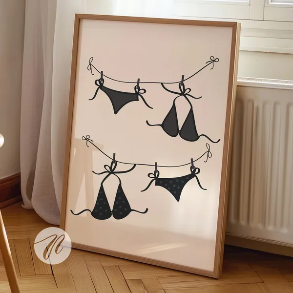 Hanging Bikini Art Print, Beachy Coastal Cowgirl