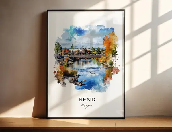 Bend Oregon Watercolor Travel Poster, Art Print
