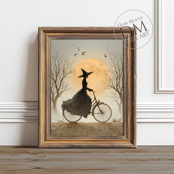 Witch On Bicycle Halloween Poster Print, Moody Autumn Moon
