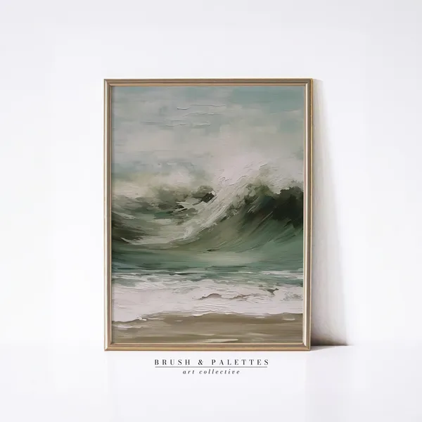 Neutral Sage Green Coastal Abstract Wave Art Print