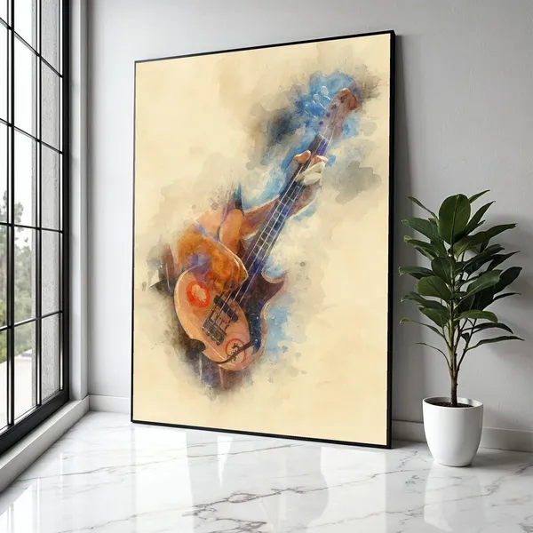 Watercolor Bass Guitar Player Vintage Music Print