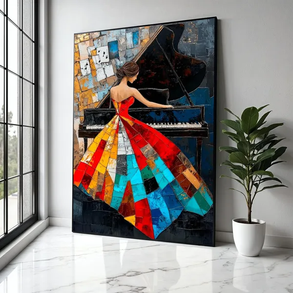 Abstract Woman Playing Piano Art Print, Modern Music