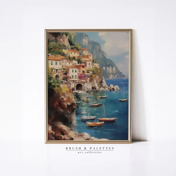 Amalfi Coast Vintage Oil Painting, Positano Travel Poster