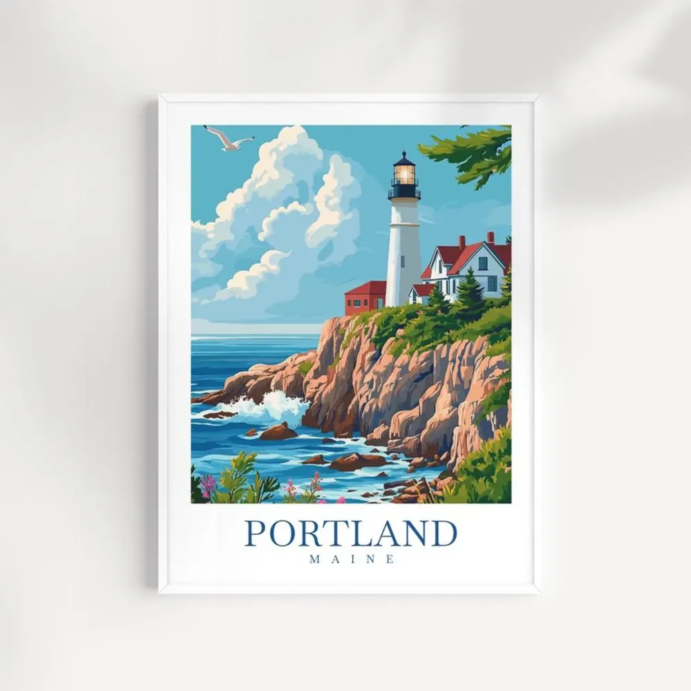 Portland Maine Coastal Print, Lighthouse Harbor Illustration