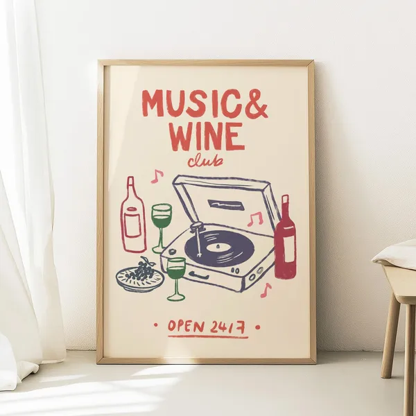 Retro Music Wine Club Poster, Vintage Kitchen Art Print