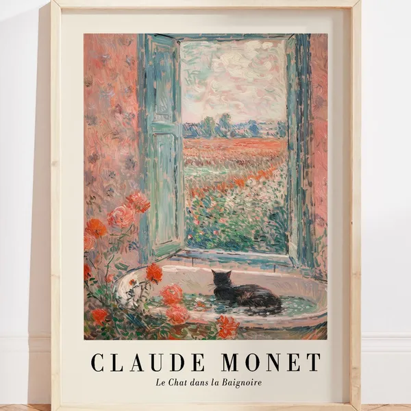 Monet-Inspired Black Cat Bathroom Poster, Pink Pastel Decor