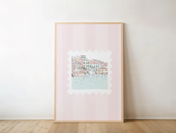 Pink Italy Stamp Print, Coquette European Travel Poster