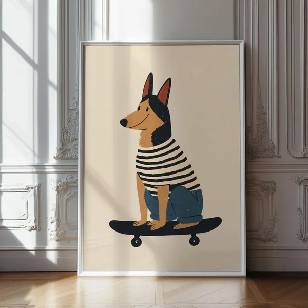 German Shepherd Skateboard Art Print, Kids Room Decor