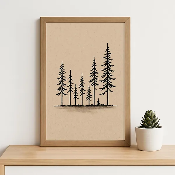 Minimalist Pine Tree Line Art Print, Scandinavian Forest